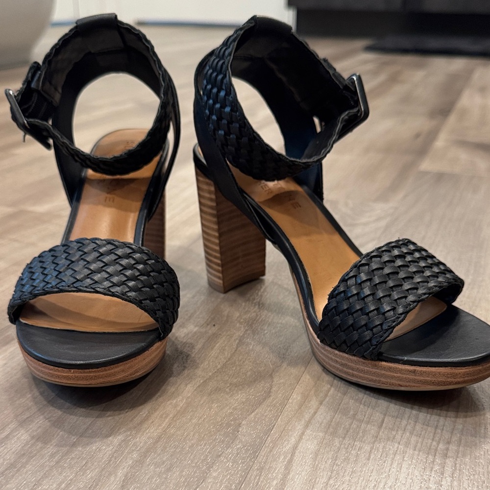 Sun & Stone Woven Black Leather Ankle-Strap Block Heel Sandals - sz 6.5